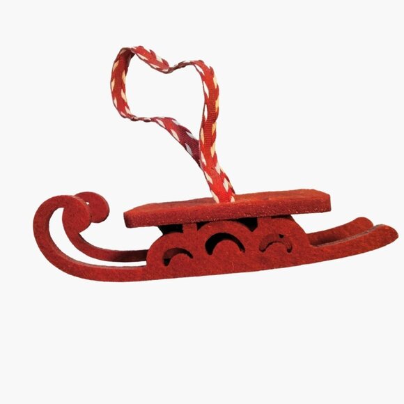 Red Felt Sled Christmas Ornament Ribbon Hanger flower Cutout Vintage - Picture 1 of 6